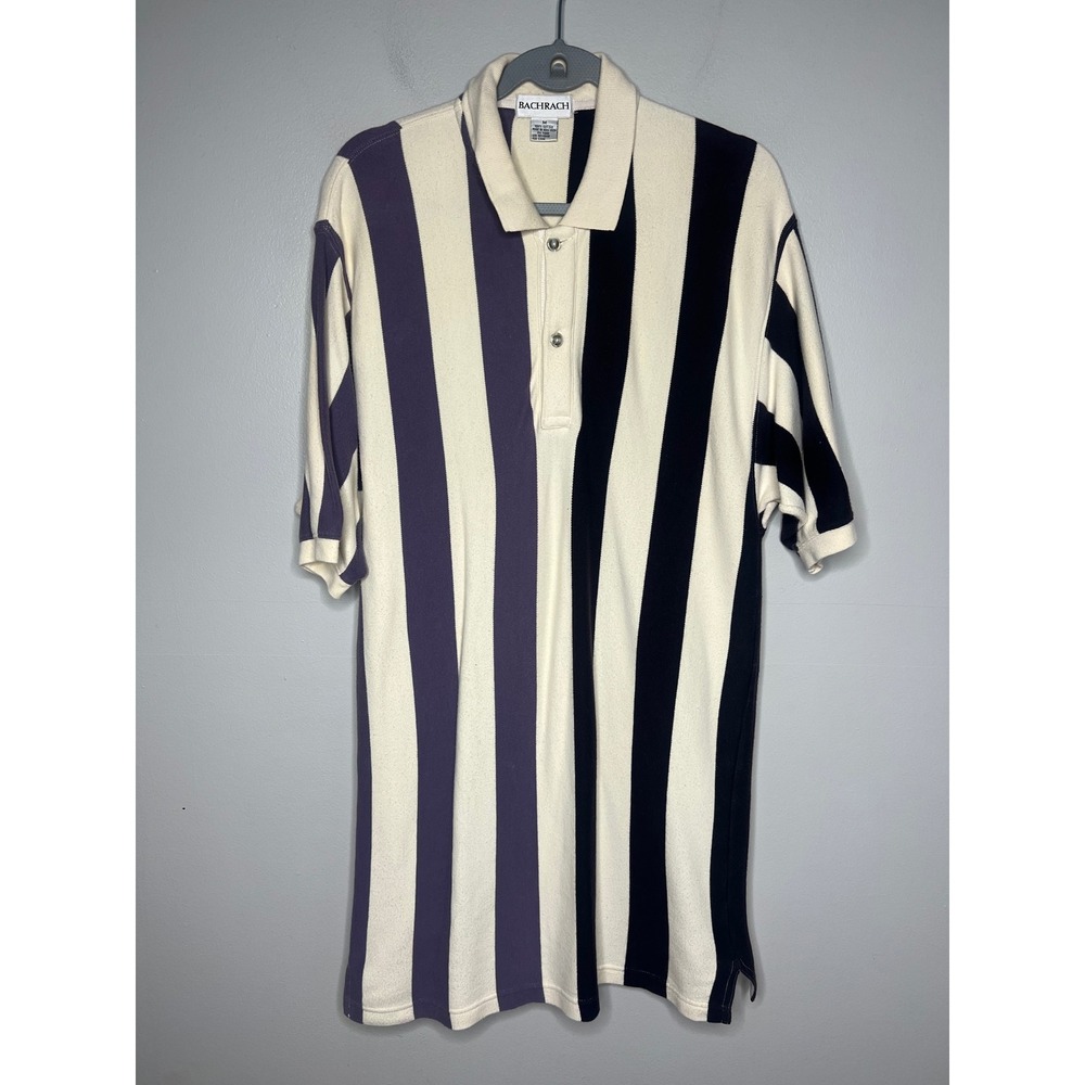 Bachrach Mens Vintage Vertical Stripe Polo Shirt Medium Blue Purple Cotton 90s